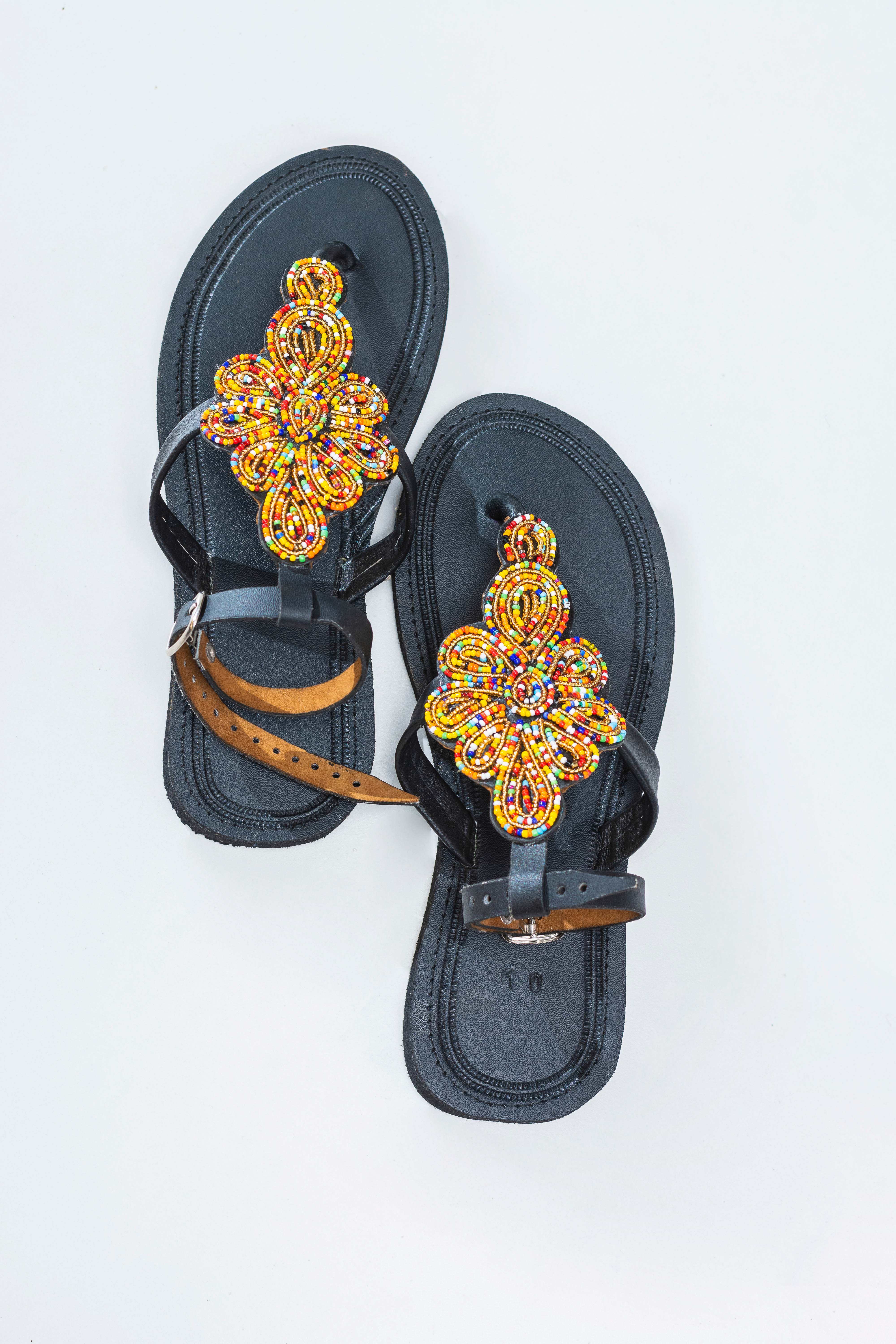 Afro Flower Maasai Leather Beaded Sandals (Ankle High)- MADE IN KENYA
