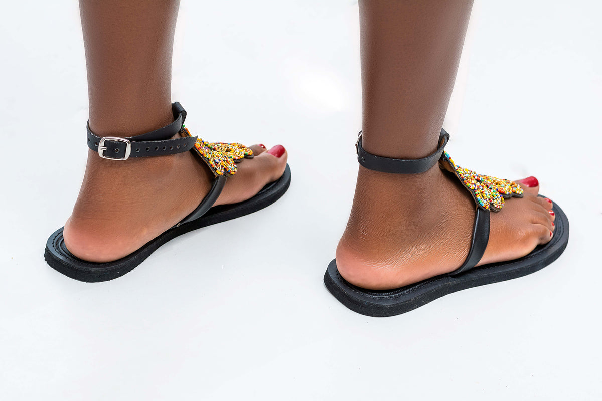 Afro Flower Maasai Leather Beaded Sandals (Ankle High)- MADE IN KENYA - Kulcha Kernel