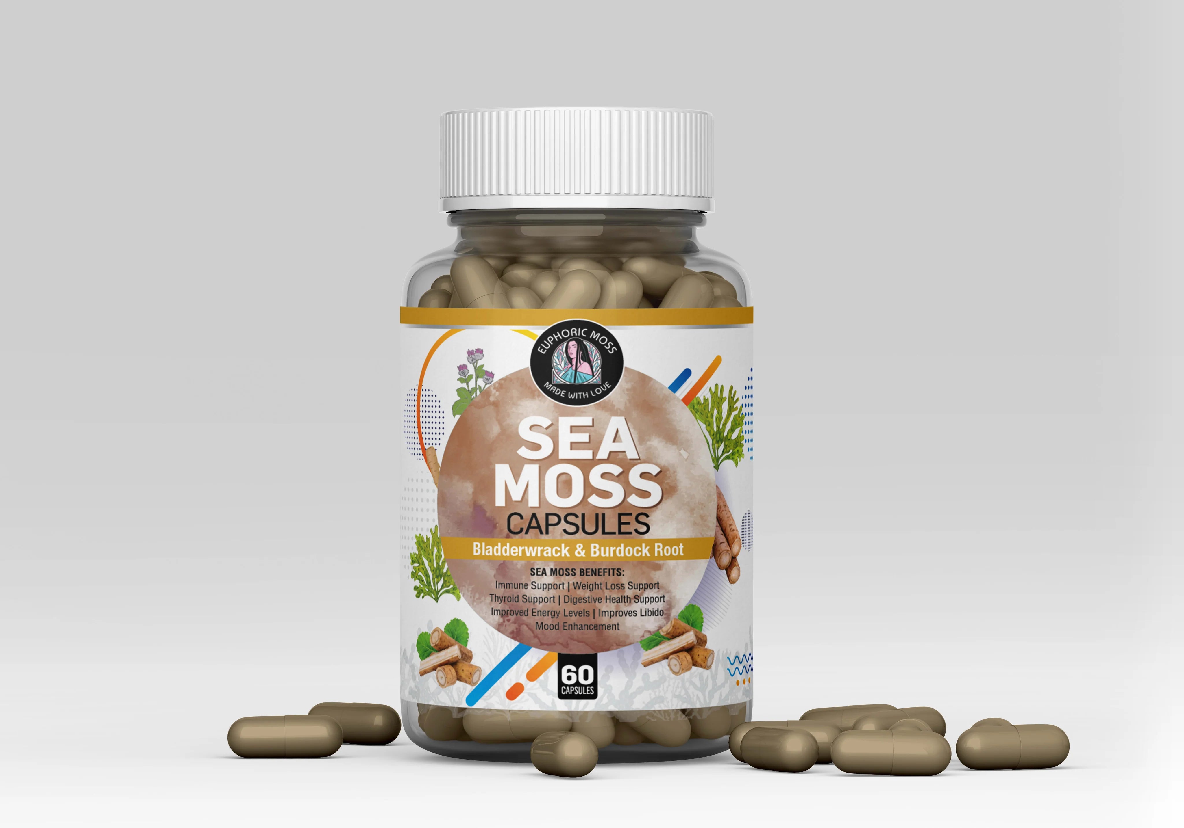 Vegan Sea Moss Capsules with Bladderwrack & Burdock Root.