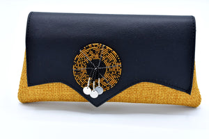 Black Leather on Gold Jute Medium-sized handmade Clutch Purse w/ Cleft - Kulcha Kernel