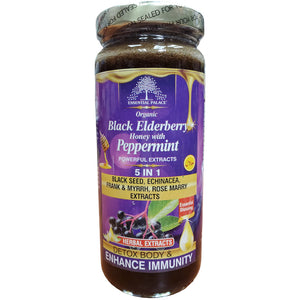 Essential Palace Organic Black Elderberry Honey with Peppermint, 5 IN 1, Detox Body, Enhances Immunity System, 16 OZ - Kulcha Kernel