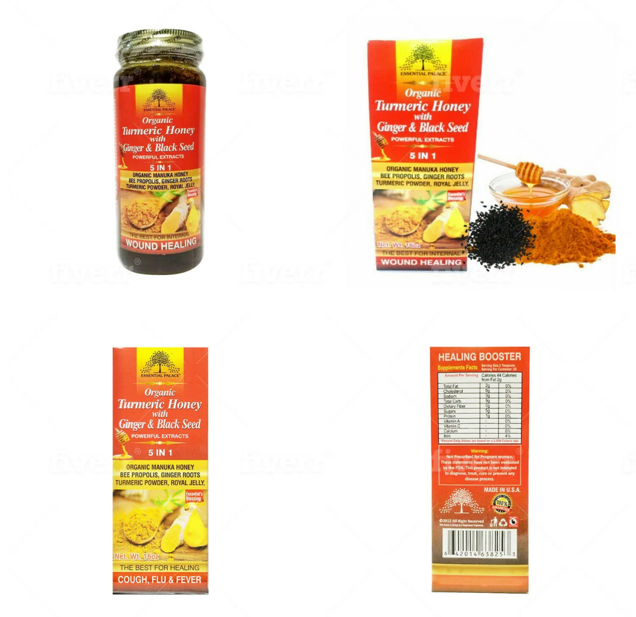 Essential Palace Organic Turmeric Honey With Ginger and Black Seed, 5 IN 1 Good For Cough, Flu, Fever and Wound Healing - Kulcha Kernel