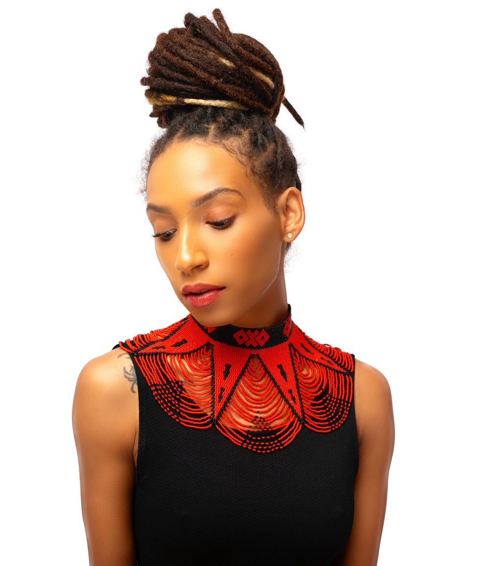 Red & Blk Micro-Beaded Maasai collared Necklace - Kulcha Kernel